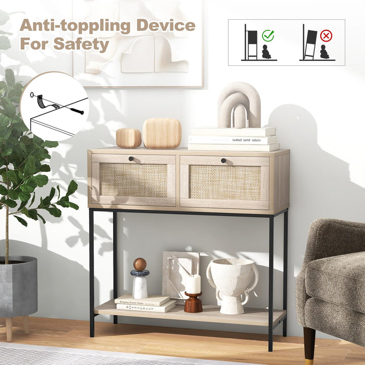Giantex Console Table with Rattan Drawers - 31.5" Entryway Table w/ 2 Drawers &amp; Open Storage Shelf