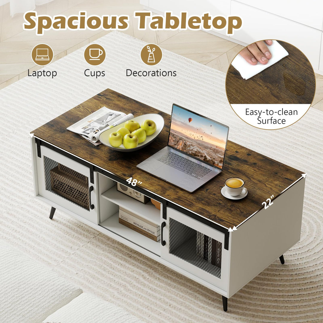 Giantex 48" Farmhouse Coffee Table with Sliding Doors &amp; Adjustable Shelf