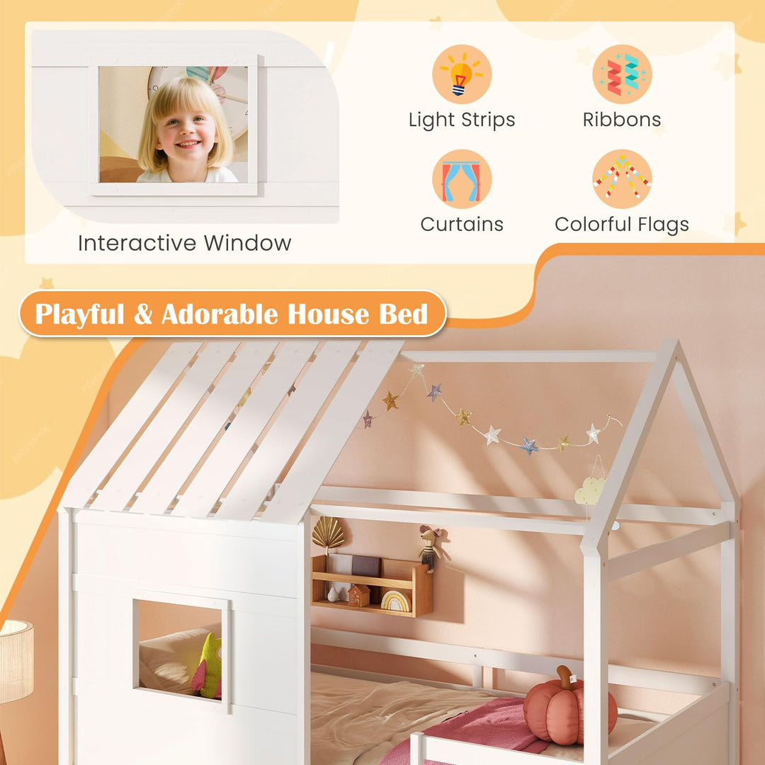 Giantex Twin Size Loft Bed with LED Lights Roof Window and Storage Bookshelf