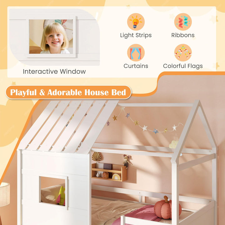 Giantex Twin Size Loft Bed with LED Lights Roof Window and Storage Bookshelf