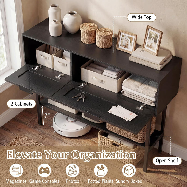 Giantex Rattan Console Table Boho Entryway Table with 2 Storage Cabinets