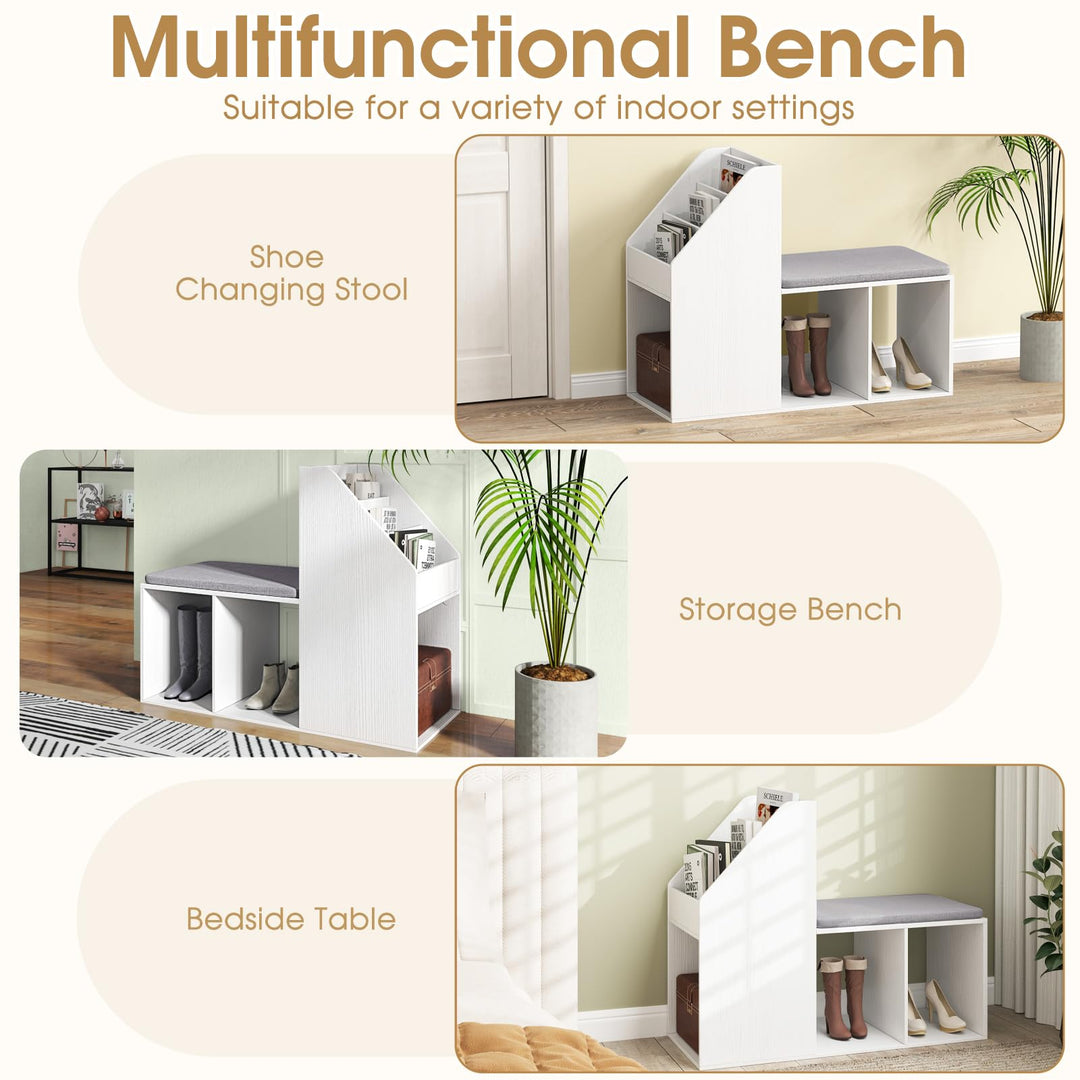 Giantex Shoe Storage Bench, Entryway Bench w/Side Holder &amp; Padded Seat Cushion, 3 Storage Compartments