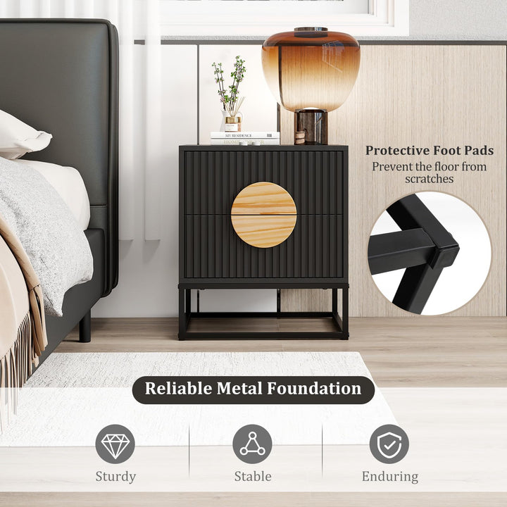 Giantex Fluted Nightstand with 2 Drawers with Natural Circle Handle &amp; Metal Frame
