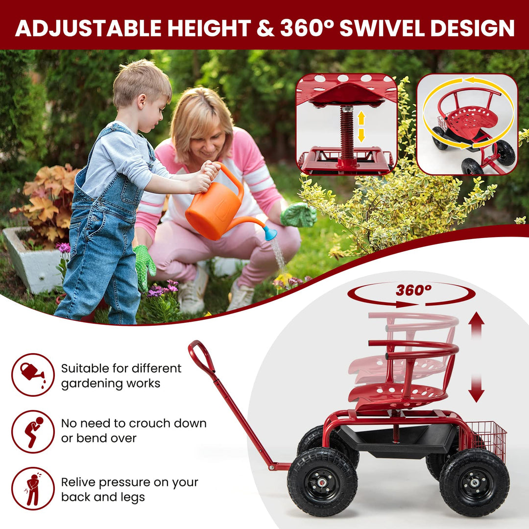 Giantex Cushioned Rolling Garden Cart Scooter with Storage Basket and Tool Pouch