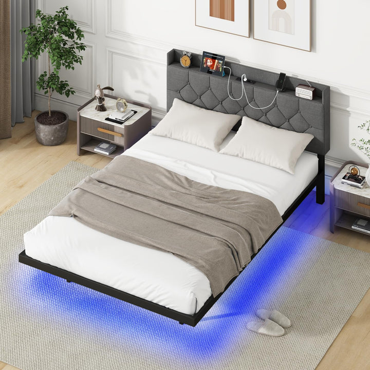 Giantex Queen/Full Size Floating Bed Frame with LED Lights, Modern Platform Bed with Adjustable Upholstered Headboard &amp; Charging Station