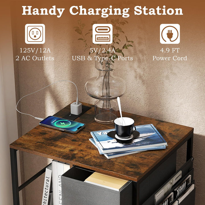 Giantex Industrial Nightstand with Charging Station - End Side Table w/3 Fabric Drawers