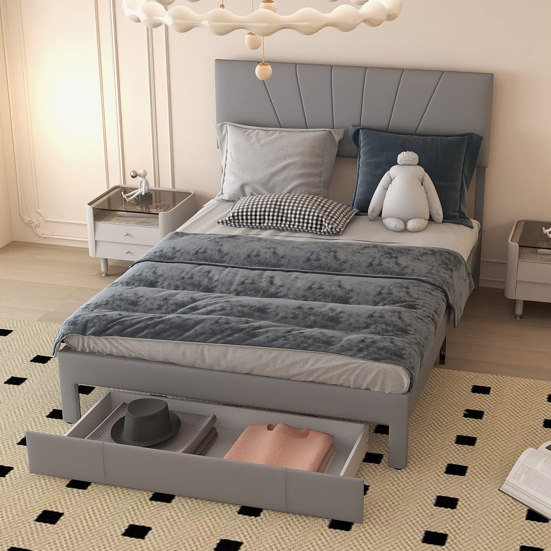 Giantex Upholstered Queen Bed Frame with Drawer, Modern Platform Bed with Storage &amp; Adjustable Headboard