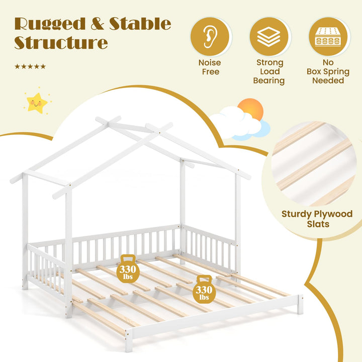 Giantex Extendable House Bed for Kids, Twin to King Daybed with Roof &amp; Fence Rails, Wood Kids Bed Frame for Teens