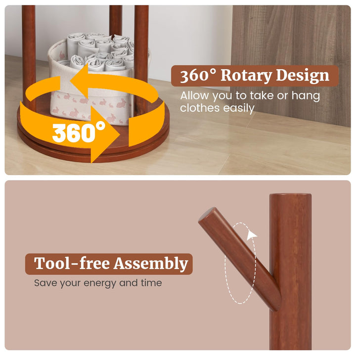 Giantex Coat Rack Freestanding, Wooden Rotary Coat Tree w/ 3 Display Storage Shelves &amp; 9 Hooks