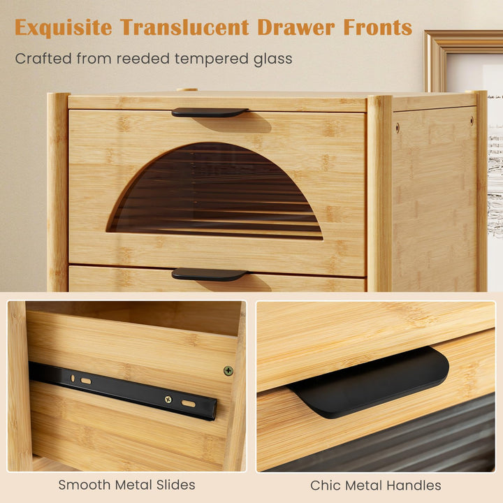 Giantex Bamboo Nightstand, Mid-Century Modern Bedside Table with 2 Storage Drawers &amp; Tempered Glass