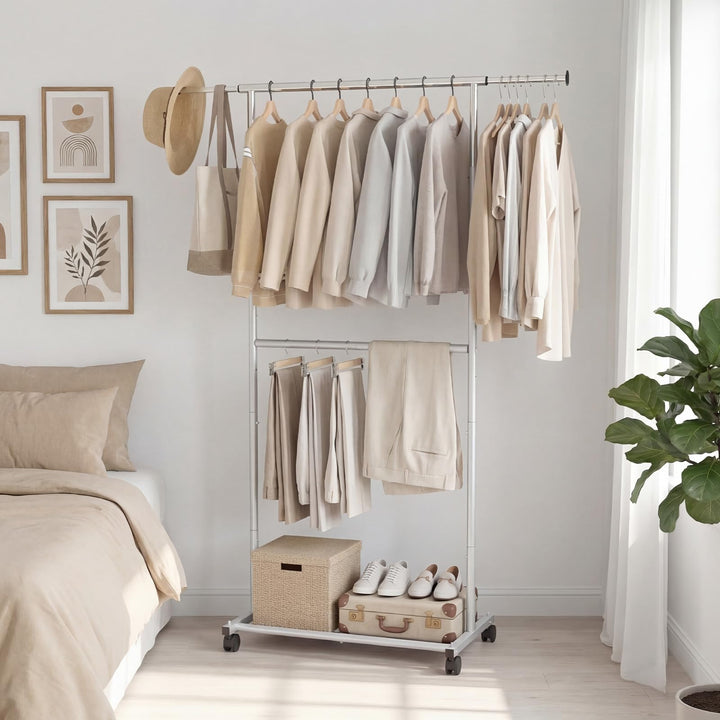 Giantex Extendable Double-Rod Rolling Clothing Rack for Hanging Clothes