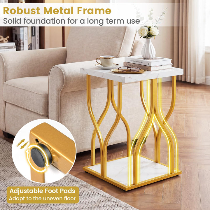 Giantex 2-Tier End Table with Storage Shelf &amp; Gold Petal-Inspired Geometric Metal Frame
