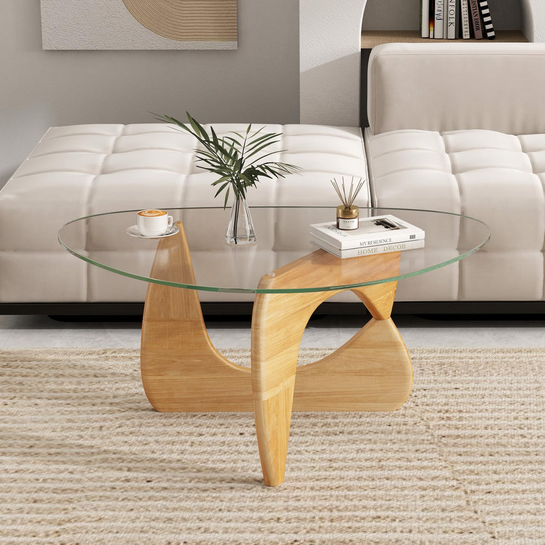 Giantex Triangle Glass Coffee Table, Solid Wood Tea Table with Tempered Glass Top &amp; Adjustable Base