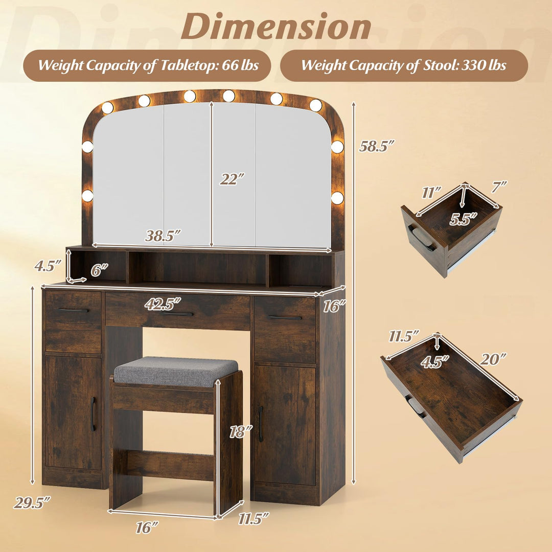 Giantex Vanity Desk Makeup Table with Stool 3-Color Lights and Charging Station