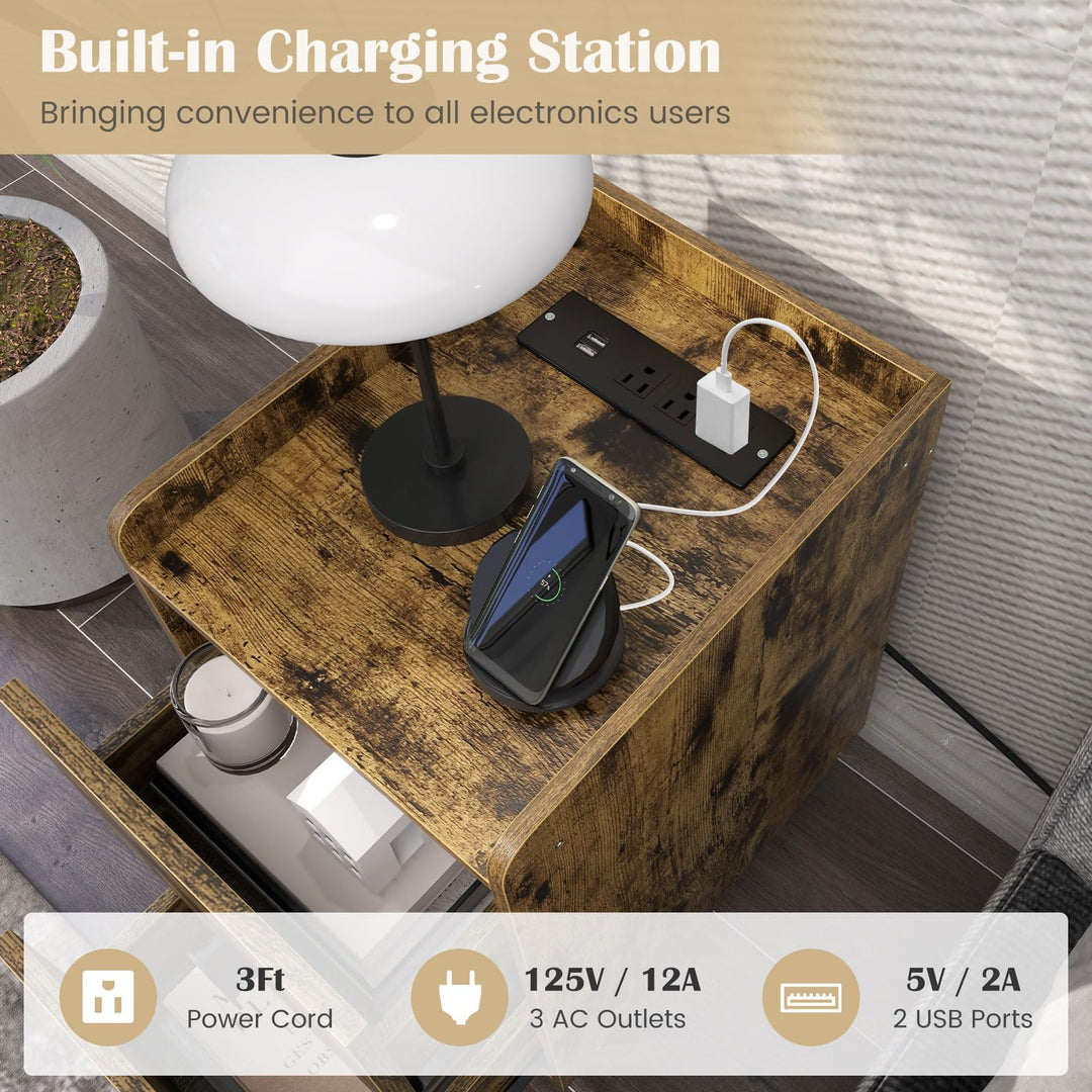 Giantex Nightstand with Charging Station, Narrow End Table with 2 Drawers &amp; Metal Gold Legs