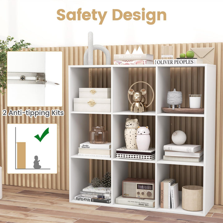 Giantex 9-Cube Bookcase, White Cubby Bookshelf w/Back Guardrail &amp; Anti-Tipping Kits