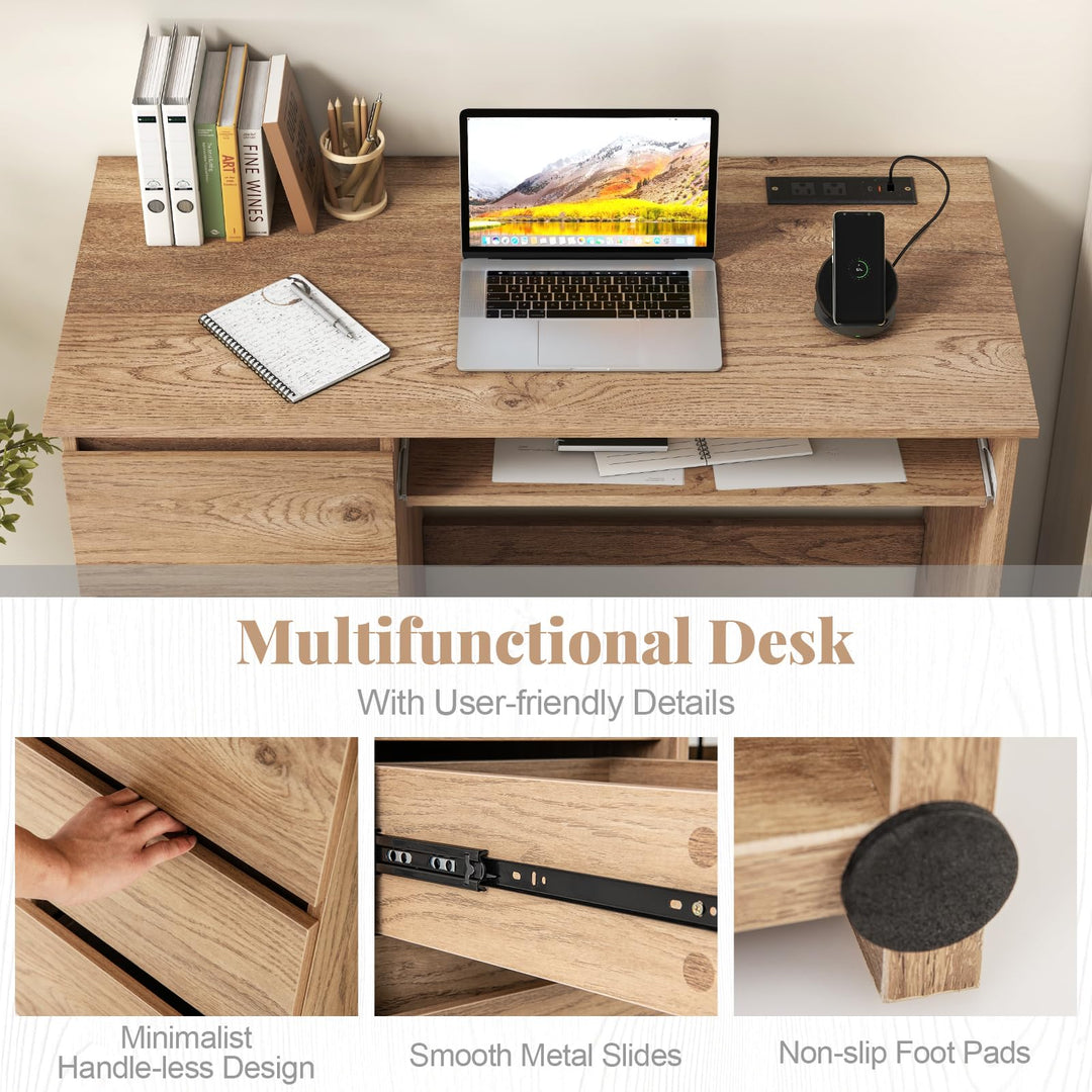 Giantex Computer Desk with Power Outlet, Modern Office Desk with Keyboard Tray &amp; 3 Large Drawers