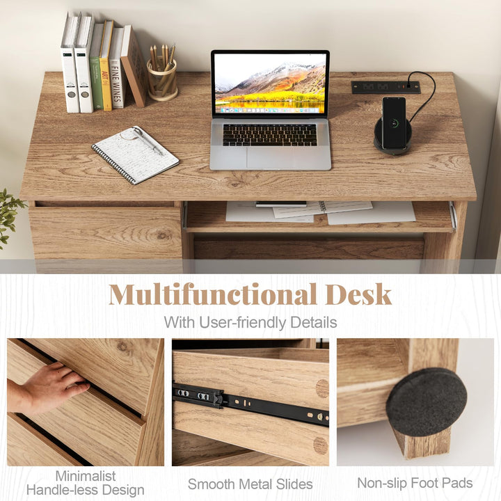 Giantex Computer Desk with Power Outlet, Modern Office Desk with Keyboard Tray &amp; 3 Large Drawers