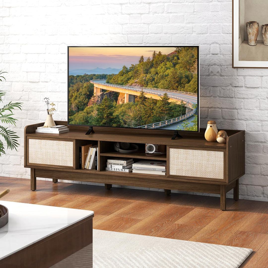 Giantex TV Stand for 65” TV, Entertainment Center with Woven Doors, Sliding Door, Adjustable Shelf &amp; Compartment