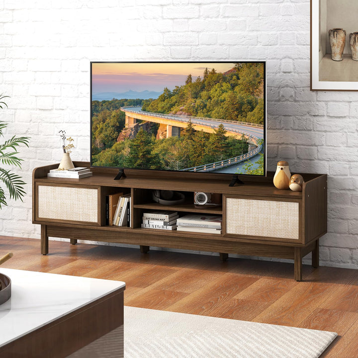Giantex TV Stand for 65” TV, Entertainment Center with Woven Doors, Sliding Door, Adjustable Shelf &amp; Compartment