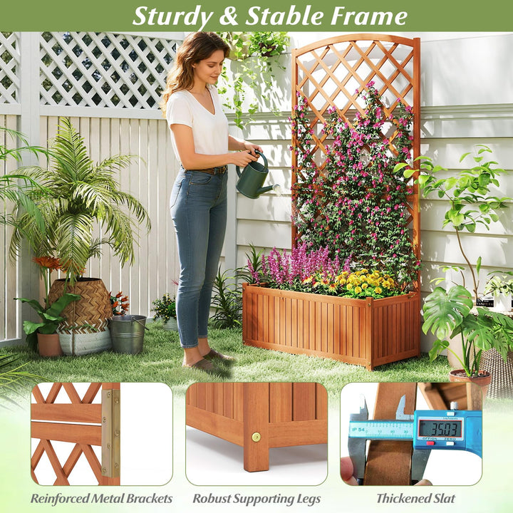 Giantex Solid Acacia Wood Planter Box with Trellis 63" Raised Garden Bed with Trellis