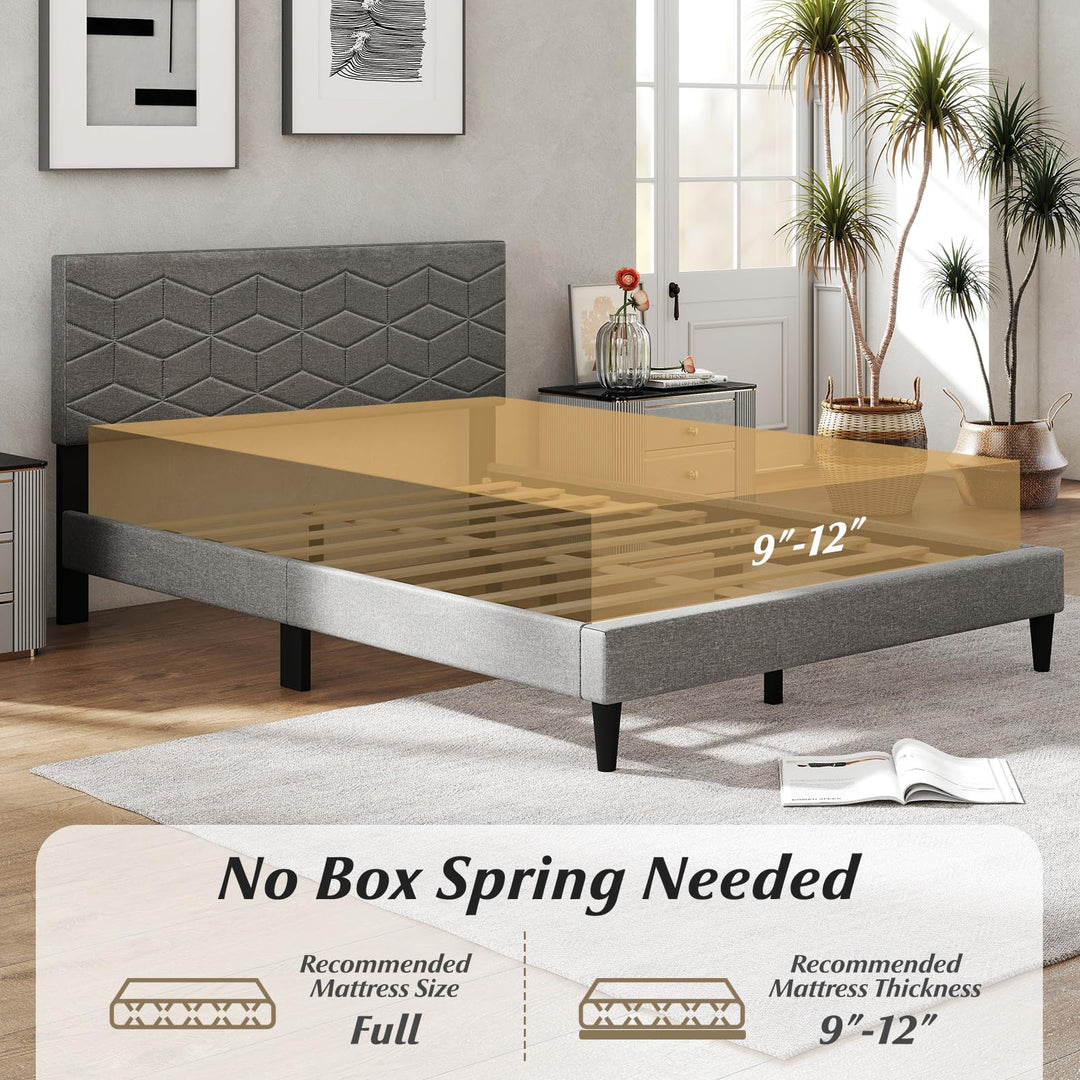 Giantex Queen/Full/Twin Size Upholstered Bed Frame Modern Platform Bed with Linen Fabric Geometric Headboard