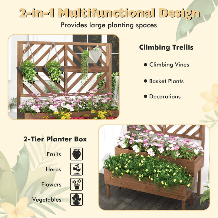 Giantex Raised Garden Bed with Trellis, 2-Tier Wooden Planter Box with Legs and Drain Holes (Brown)