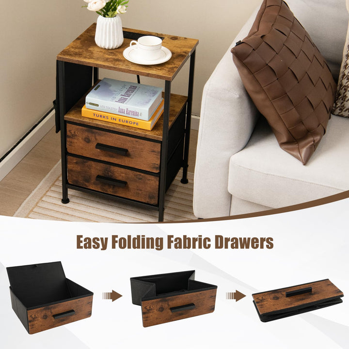 Giantex Nightstand with Charging Station, Industrial Bedside Table with 2 Fabric Drawers &amp; 6 Storage Pockets