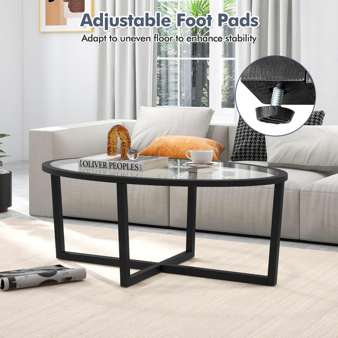 Giantex Glass Coffee Table, 46.5" Oval Accent Sofa Tea Table with Tempered Glass Top, Cross Base &amp; Acacia Wood Legs