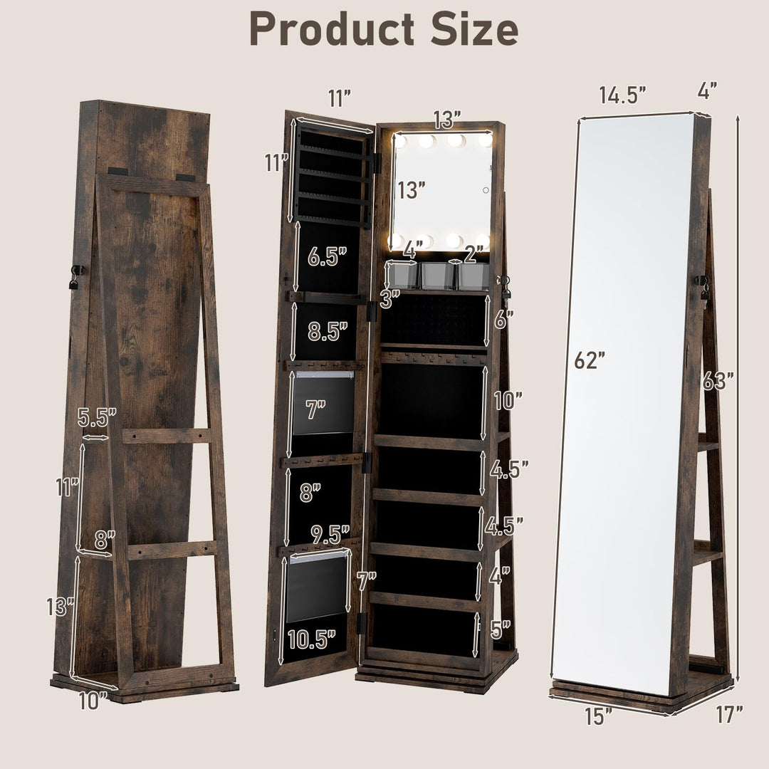 CHARMAID Swivel Jewelry Armoire with Full-Length Mirror &amp; Lighted Makeup Mirror