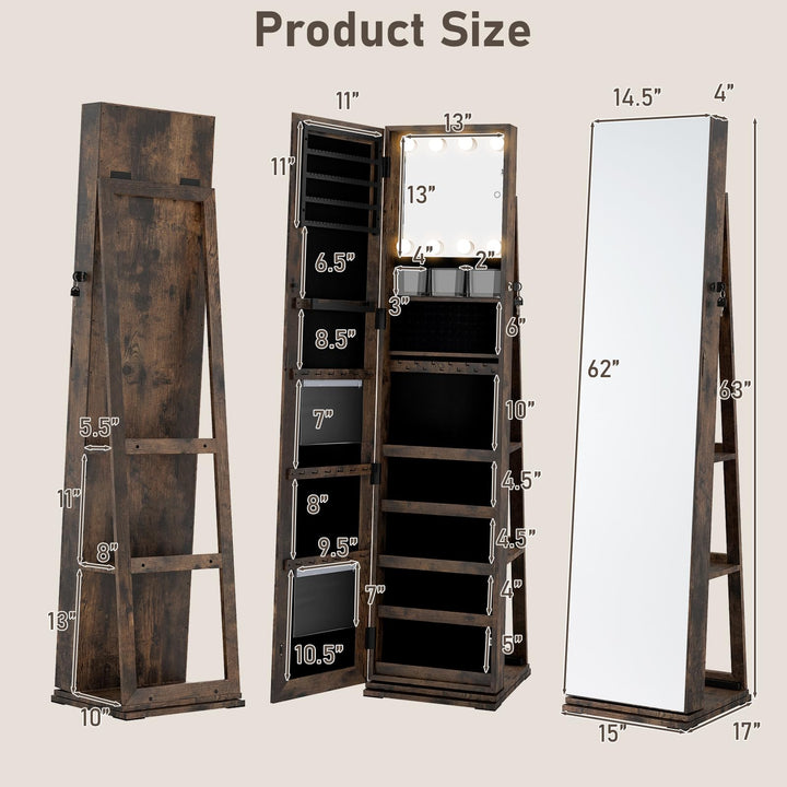 CHARMAID Swivel Jewelry Armoire with Full-Length Mirror &amp; Lighted Makeup Mirror