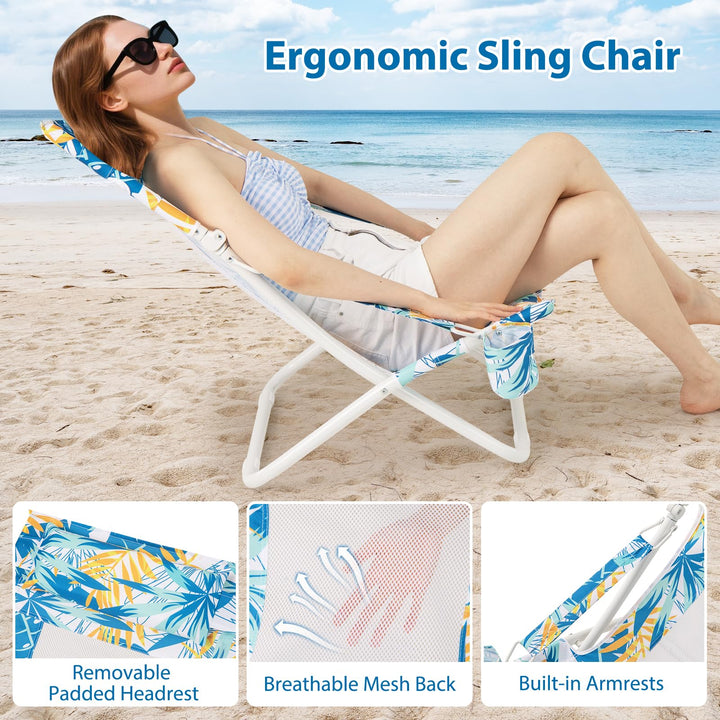 Giantex 2-Pack Low Lawn Chairs with Padded Head Pillow Mesh Back Cup Holder