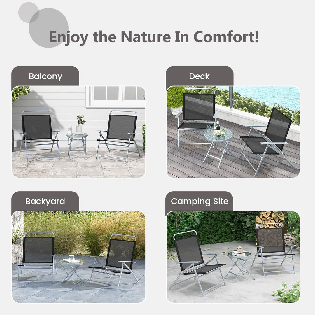 Giantex 3PCS Patio Bistro Set, Folding Outdoor Patio Table Set with 2 Foldable Chairs, 1 Ripple-Like Glass Table