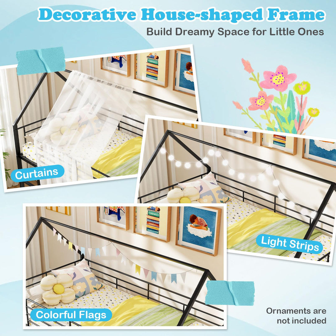 Giantex Twin Over Twin Bunk Bed with Slide &amp; Ladder House-Shaped Metal Bunk Bed Frame with Safety Guardrail &amp; Roof