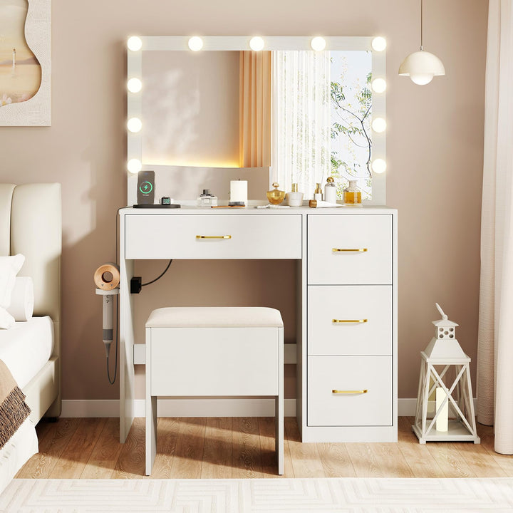 CHARMAID Vanity Desk with Mirror and Lights Makeup Dressing Table with Power Outlets