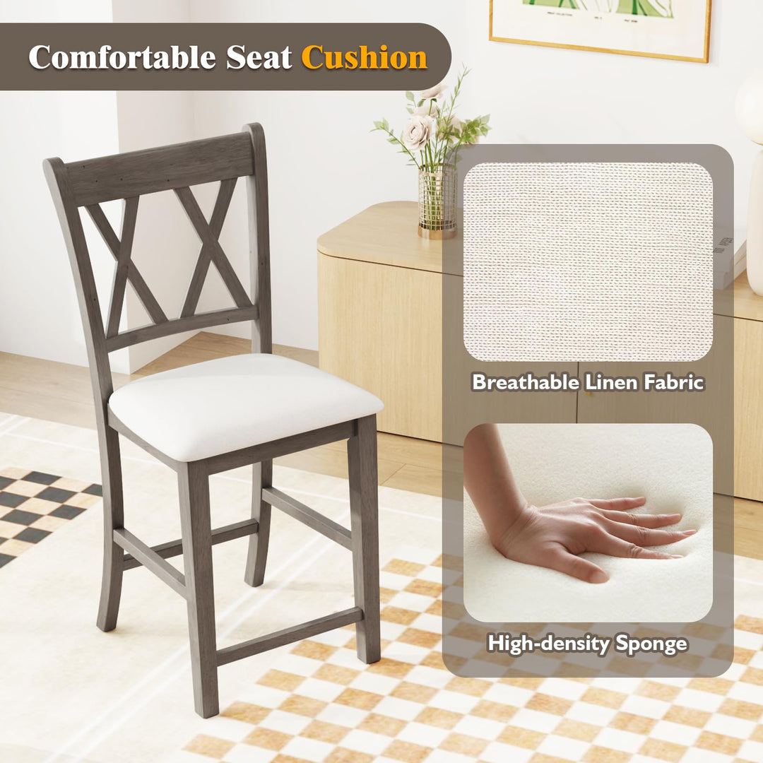 Giantex Wood Bar Stools Set of 2/4, 24" Counter Height Bar Stools w/Cross Back &amp; Linen Fabric Upholstered Seat