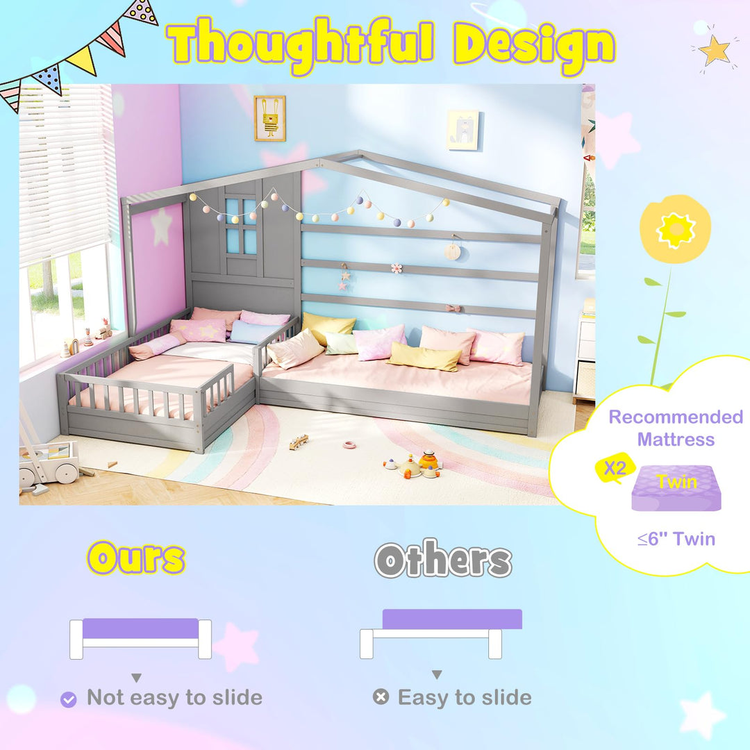 Giantex Double Twin Beds for Kids, House L-Shaped Platform Beds with Window &amp; Fences