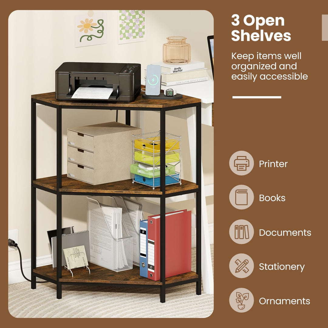 Giantex Corner Printer Stand 3-Tier Corner Shelf with Charging Station and Metal Frame