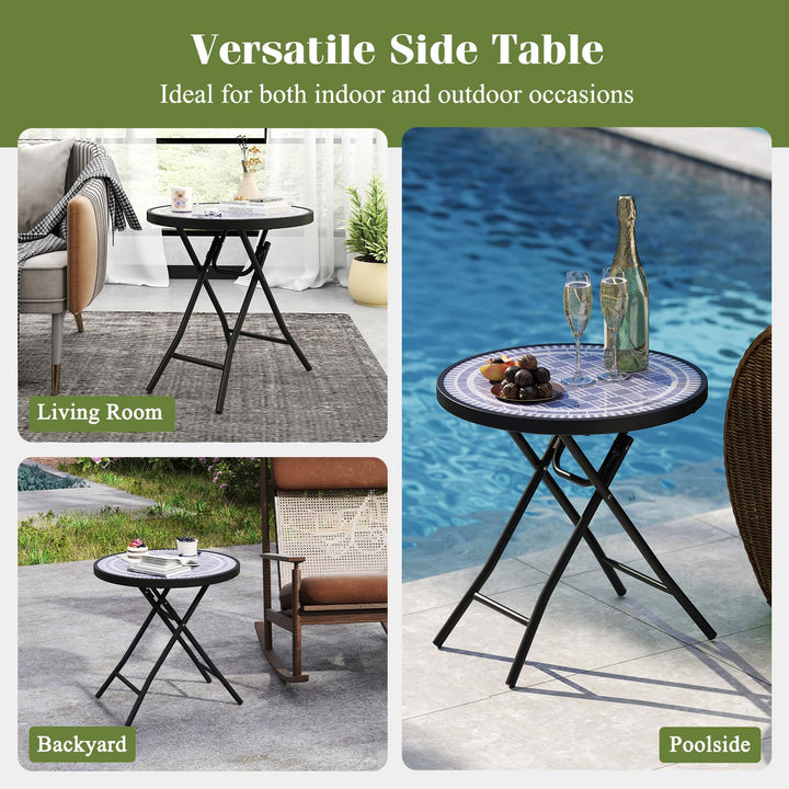Giantex Folding Outdoor Side Table - 18” Round End Table with Tempered Glass Tabletop &amp; Metal Frame