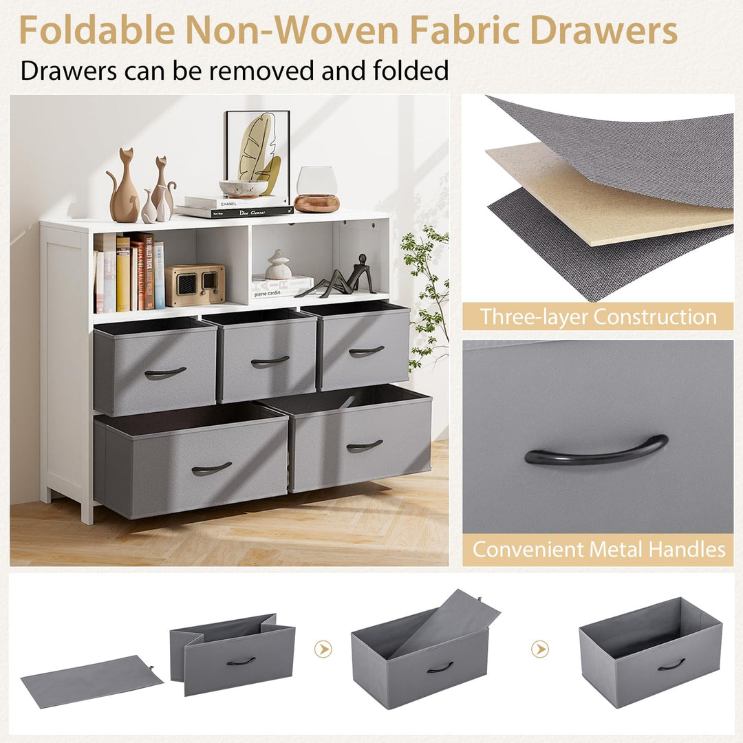 Giantex Storage Cabinet with 5 Drawers &amp; 2 Cube Shelves, Chest of Drawers, Console Table, White &amp; Grey