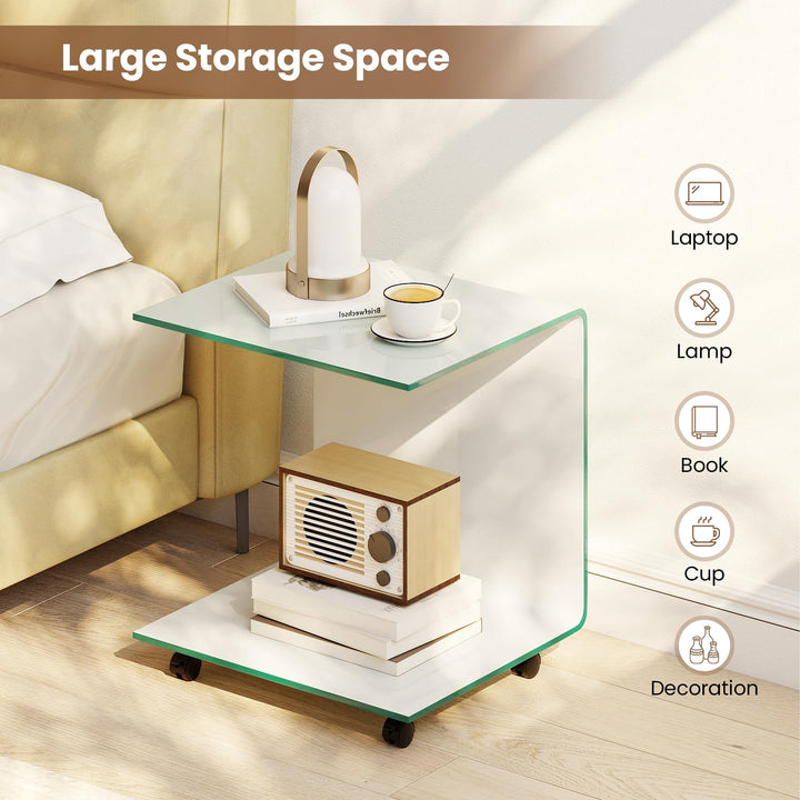 Giantex C-Shaped End Table with Wheels - Mobile Tempered Glass Sofa Couch Side Table w/2-Tier Storage Shelf
