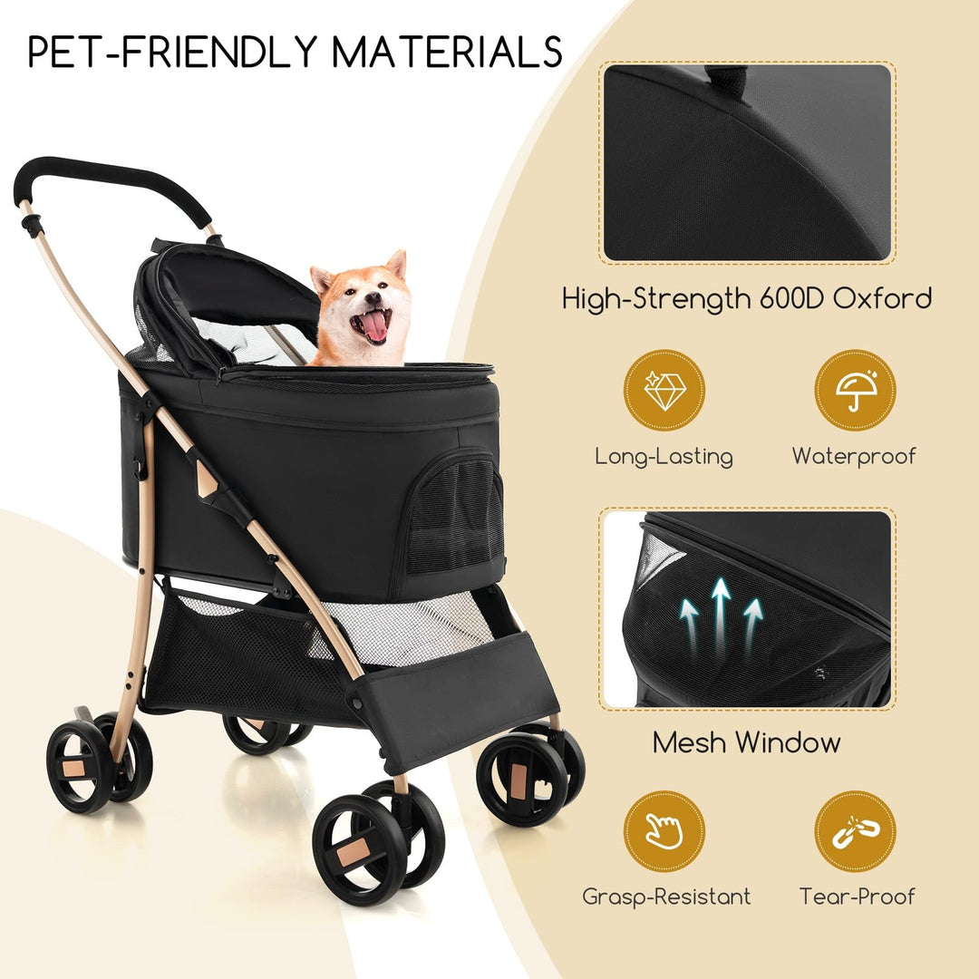 Giantex Pet Stroller 3-in-1, Folding Dog Stroller Detachable Carrier Car Seat (Black &amp; Gold)