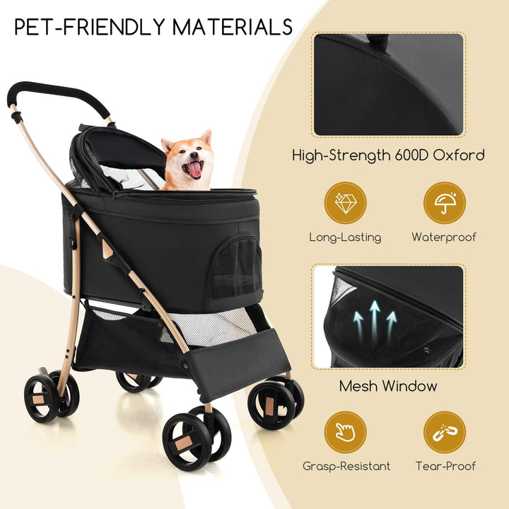 Giantex Pet Stroller 3-in-1, Folding Dog Stroller Detachable Carrier Car Seat (Black &amp; Gold)