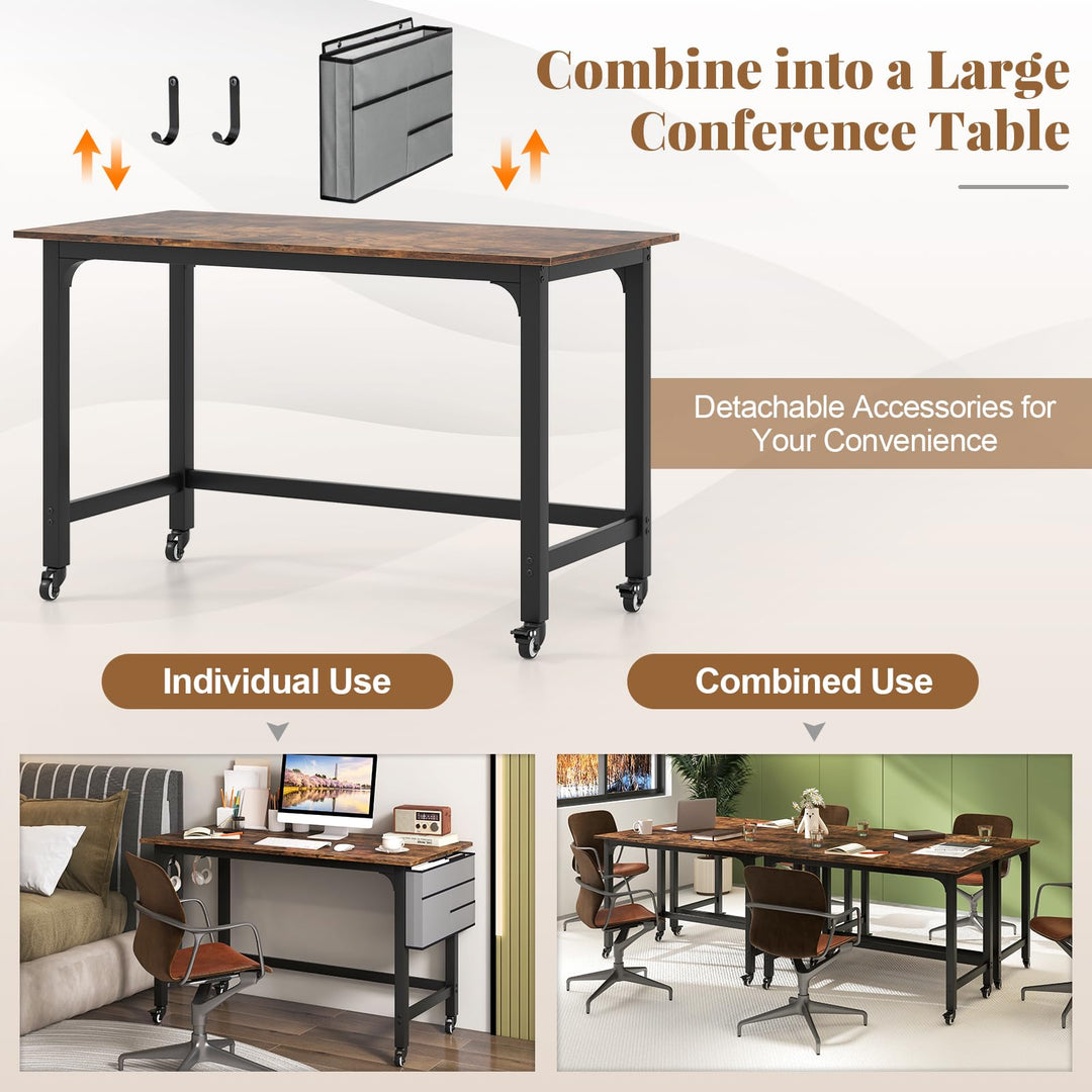 Giantex 48" Rolling Computer Desk, Mobile Study Writing Desk with Wheels &amp; Metal Frame, Simple Style Home Office Work Bench