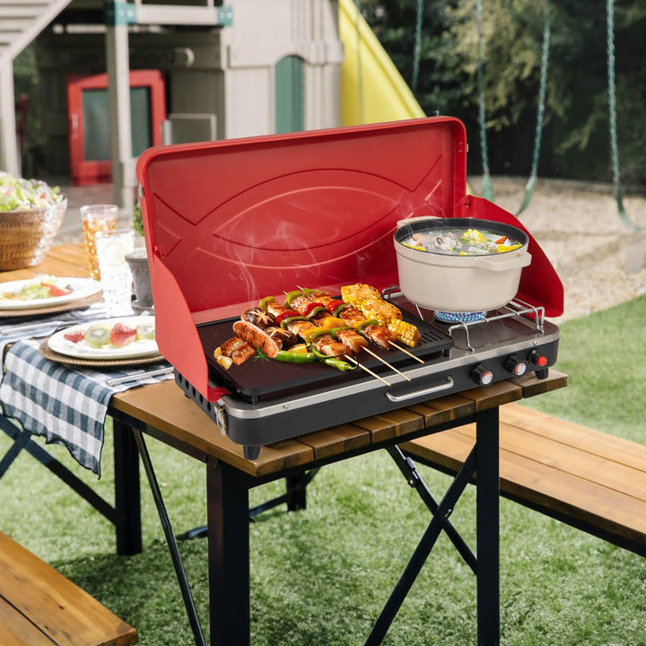 Giantex 2-in-1 Gas Camping Grill and Stove, Portable Propane Grill Burner, Gas Hose with Regulator, 20,000 Total BTUs
