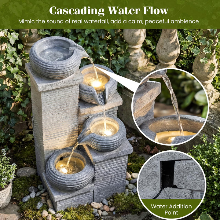 Giantex 4-Tier Water Fountain Outdoor with Warm LED Lights &amp; Pump
