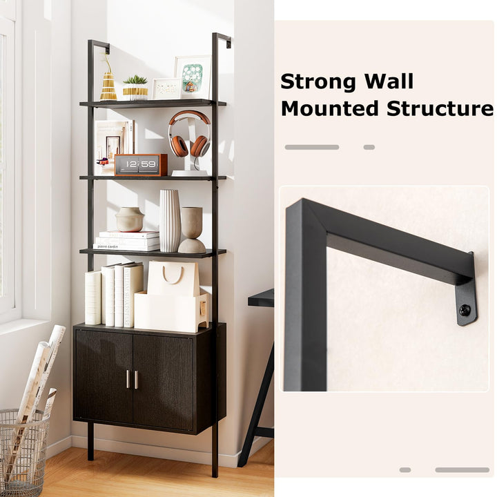 Giantex 5-Tier Wall-Mounted Ladder Shelf 72.5" Tall Bookshelf w/ 2-Door Cabinet