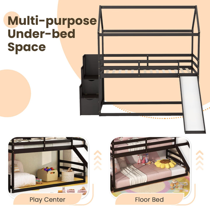Giantex House Bunk Bed Twin Over Twin with Slide and Storage Stairs, Solid Wood Low Loft Bed Frame with Roof &amp; Guardrail