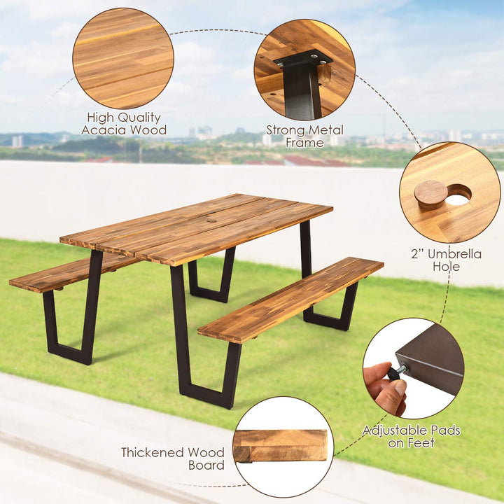 Giantex Picnic Table Bench Set with Umbrella Hole, Outdoor Dining Table Set, 70&
