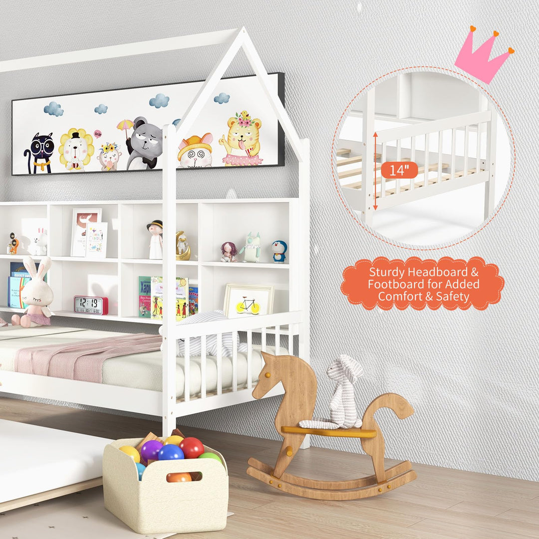 Giantex Twin House Bed with Trundle, Solid Wood Bed Frame with Roof &amp; 8 Cube Bookcase